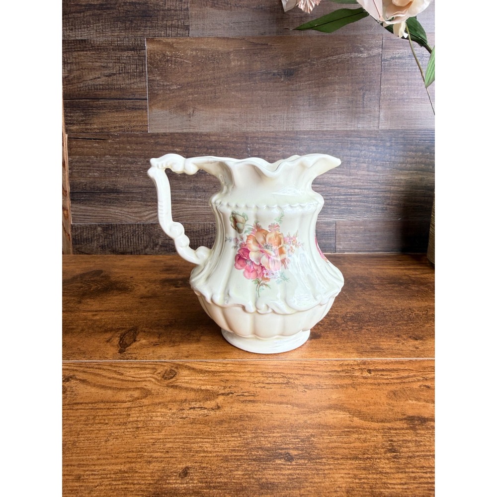 Vintage Vernon Kilns Athena California Lusterware Pitcher Iridescent Floral 7"